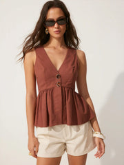 Linen-blend V-neck Ruched Peplum Metal Detail Blazer Vest