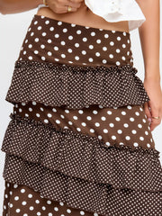 Mid Rise Polka Dot Lettuce Trim Layered Ruffle Hem Maxi Skirt