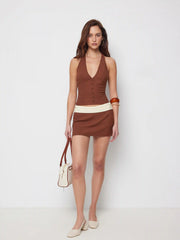 Linen-blend Halter Neck Button Front Top & Mid Rise Colorblock A-line Mini Skirt Set