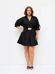 Cotton-blend V-neck Shell Metal Detail Mini Dress Curve & Plus
