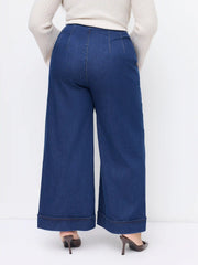 Stretch Denim Mid Rise Roll Hem Button Wide Leg Jeans Curve & Plus