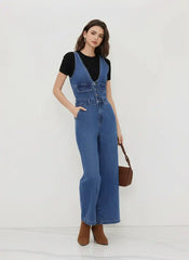Cider Denim V-neck Button Pocket Wide Leg Jumpsuit