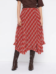 Chiffon Mid Rise Tartan Ruffle Hem Lettuce Trim Maxi Skirt