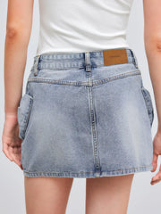 Denim Low Rise Solid Bowknot Mini Skirt
