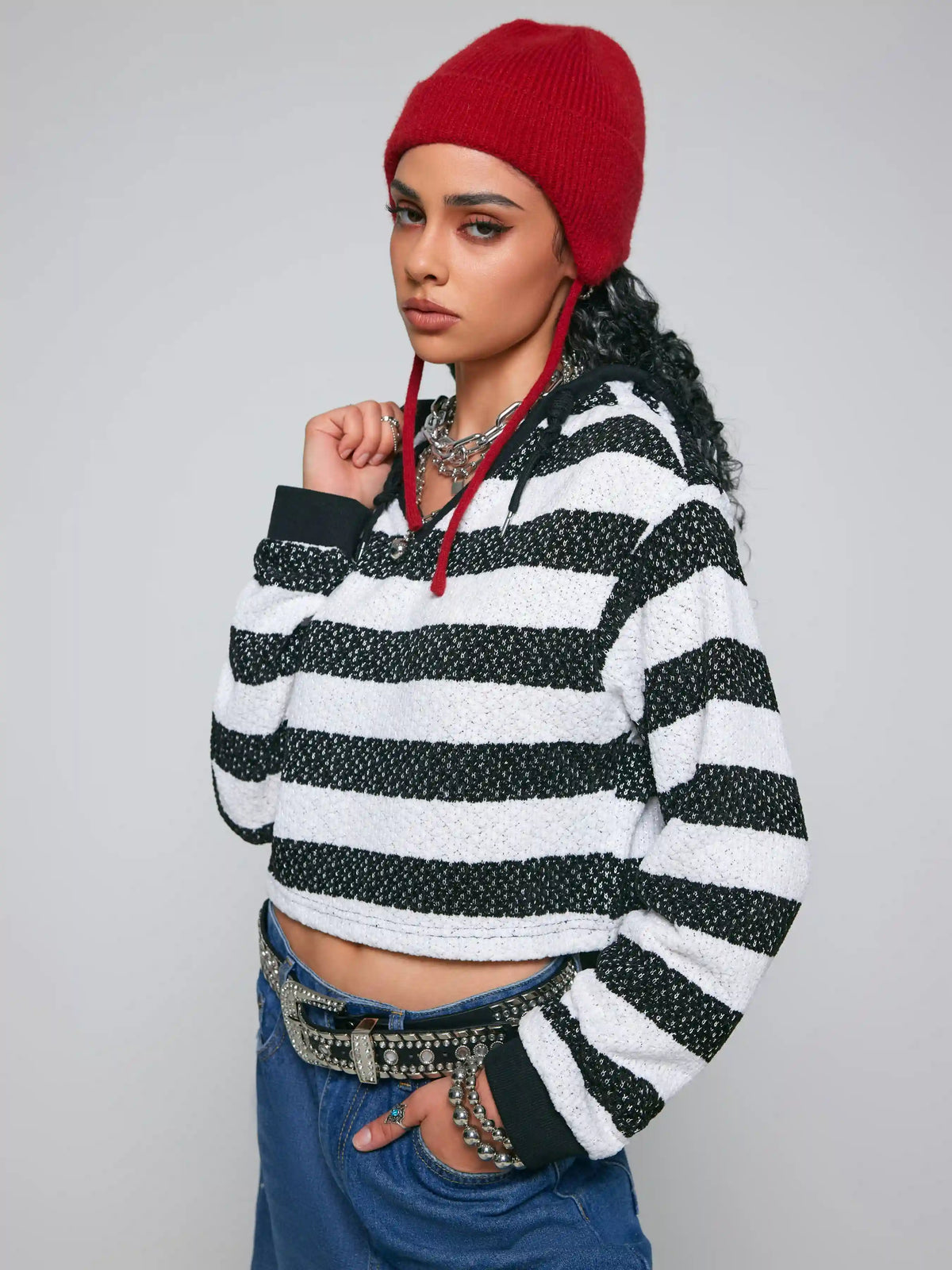 Knit Stripe Drawstring Crop Hoodie