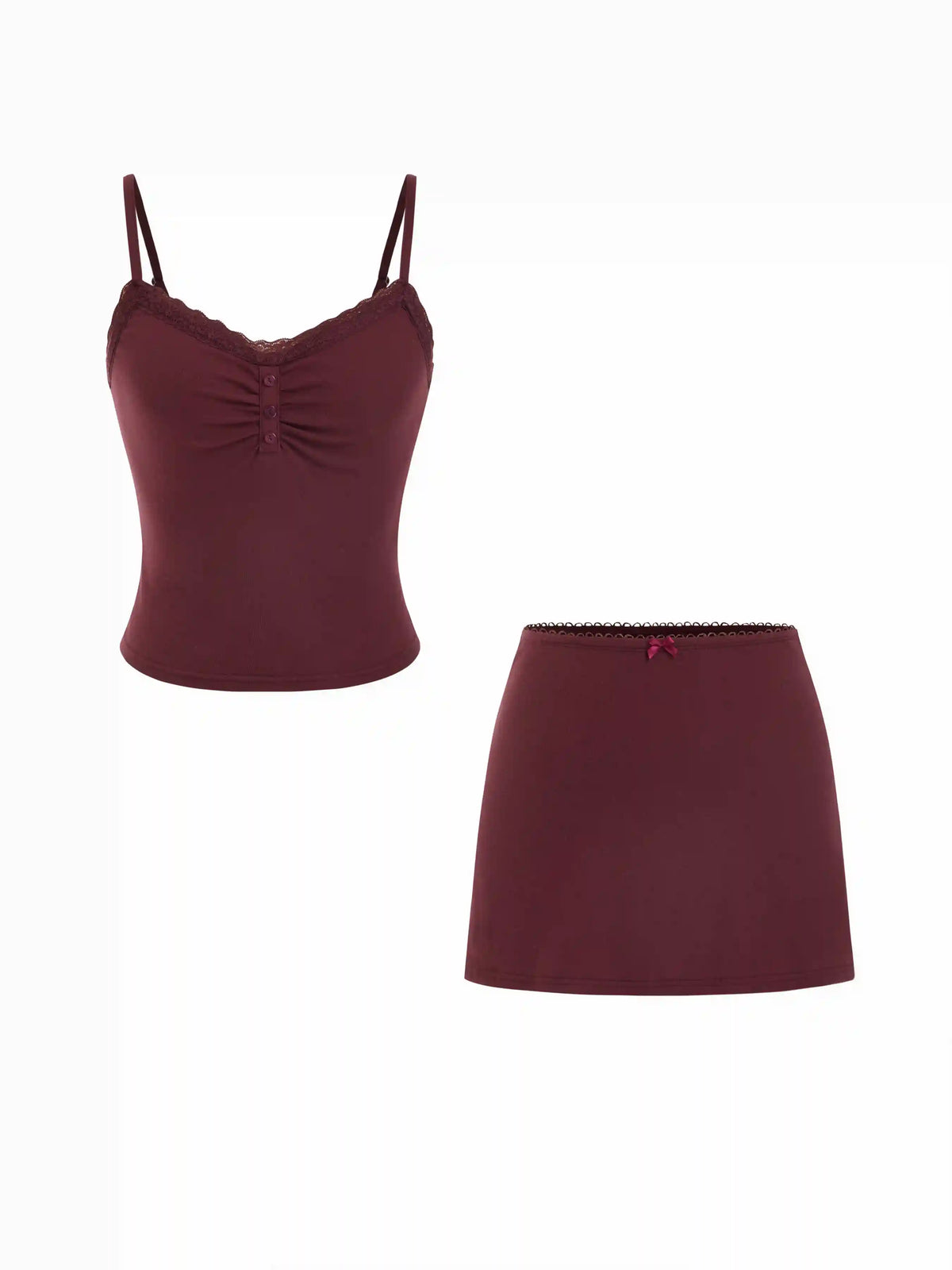 Cotton-blend Ruched Lace Trim Cami Top & Low Rise A-line Mini Skirt Set