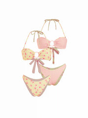 Reversible Floral & Gingham Halter O-Ring Bandeau Low Rise Bikini Set