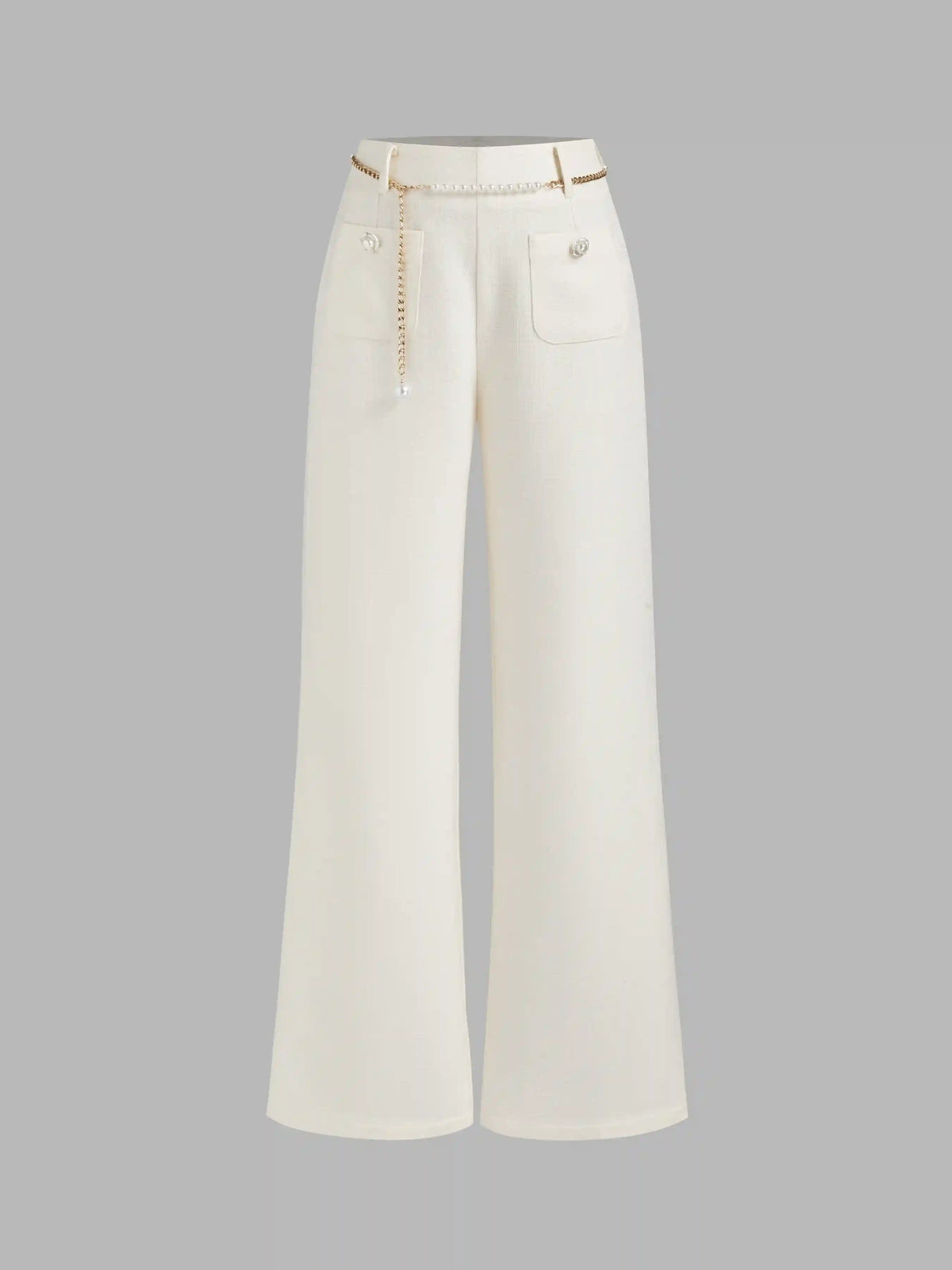 Tweed Mid Rise Solid Pearl Button Wide Leg Trousers With Waist Chain