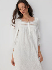 Cotton Square Neck Short Sleeve Lace Trim Ruffle Hem Midi Nightdress
