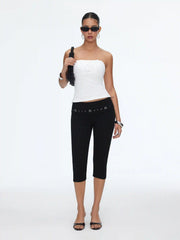 High Stretch Cotton-blend Low Rise Geometric Rhinestone Capri Pants