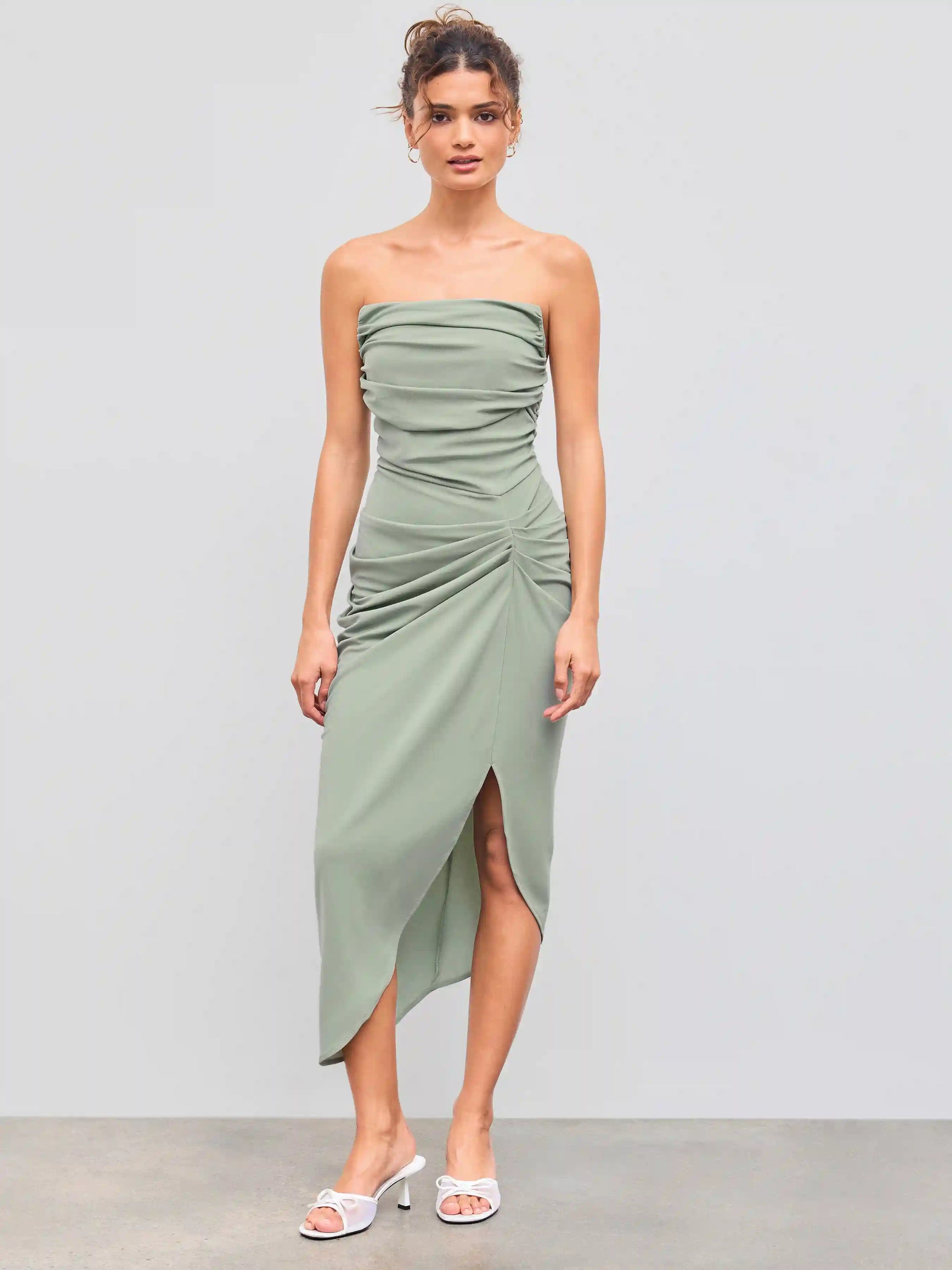 Solid Ruched Asymmetrical Tube Midi Dress