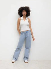 Cider Denim Low Rise Ripped Straight Leg Jeans