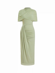 Mesh High Neckline Asymmetrical Ruched Cloak Sleeve Mermaid Maxi Dress