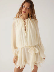 Chiffon V-Neck Puff Sleeve Ruffled Babydoll Mini Dress
