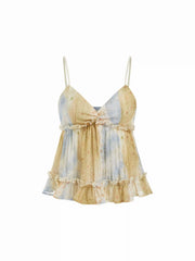Chiffon V-Neck Abstract Floral Ruffle Crop Cami Top