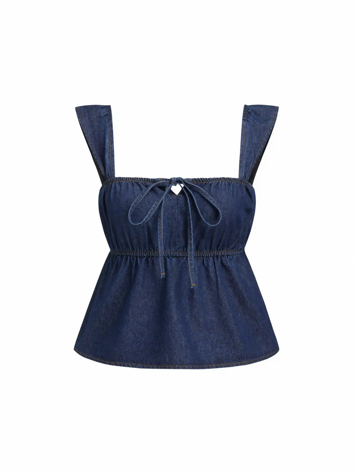 Denim Square Neck Bowknot Shirred Crop Tank Top