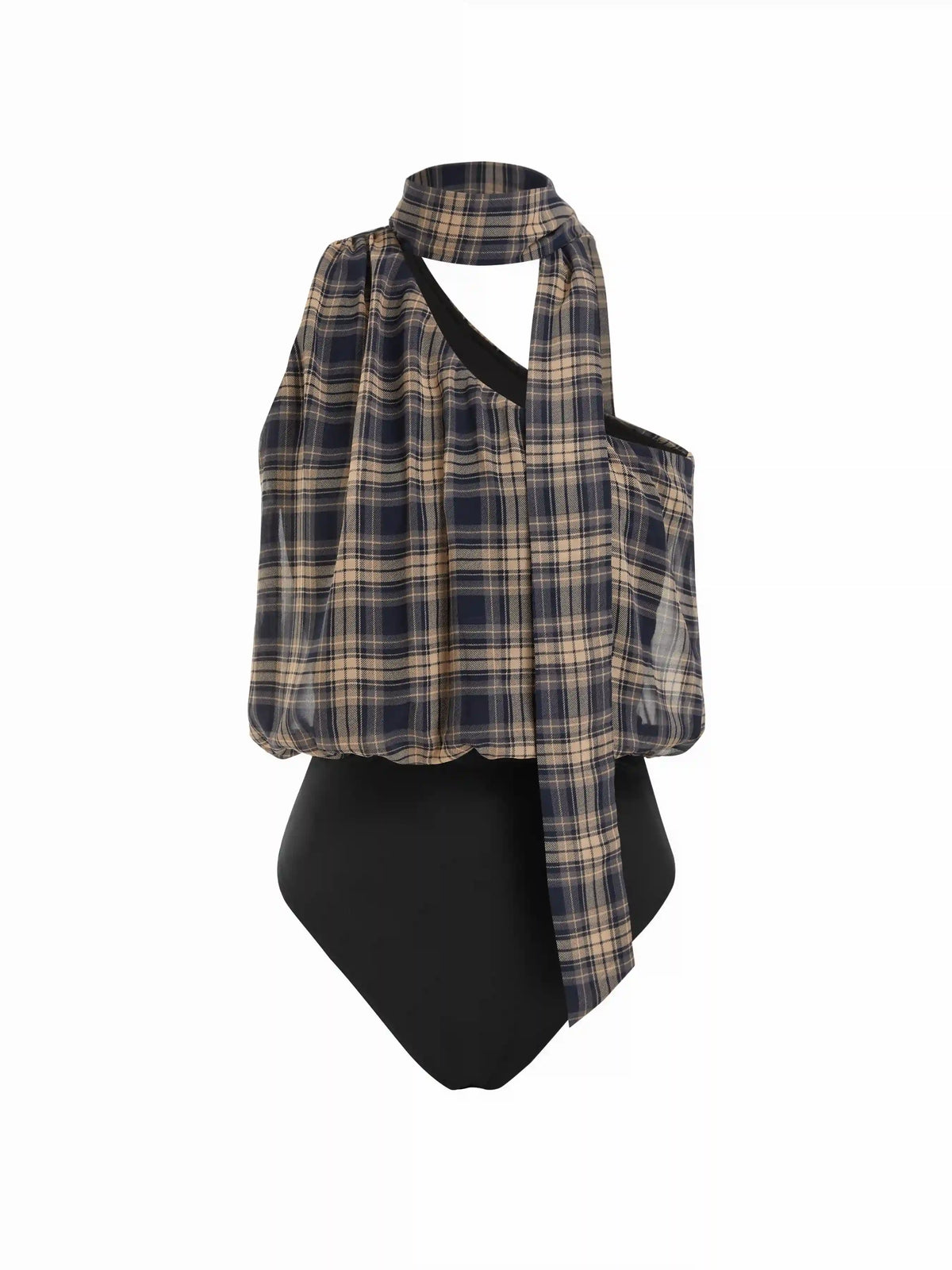 Plaid Halter Neck Asymmetrical Crop Blouse Bodysuit With Scarf