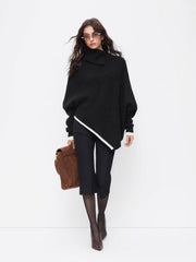 Knit Asymmetrical Neck Oversized Two Tone Batwing Sleeve Top