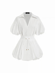Cotton-blend Puff Sleeve Drawstring Bubble Hem Shirt Mini Dress