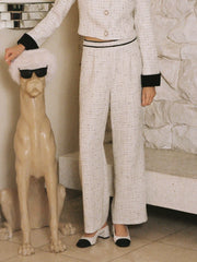 Tweed Middle Waist Contrasting Binding Straight Leg Trousers