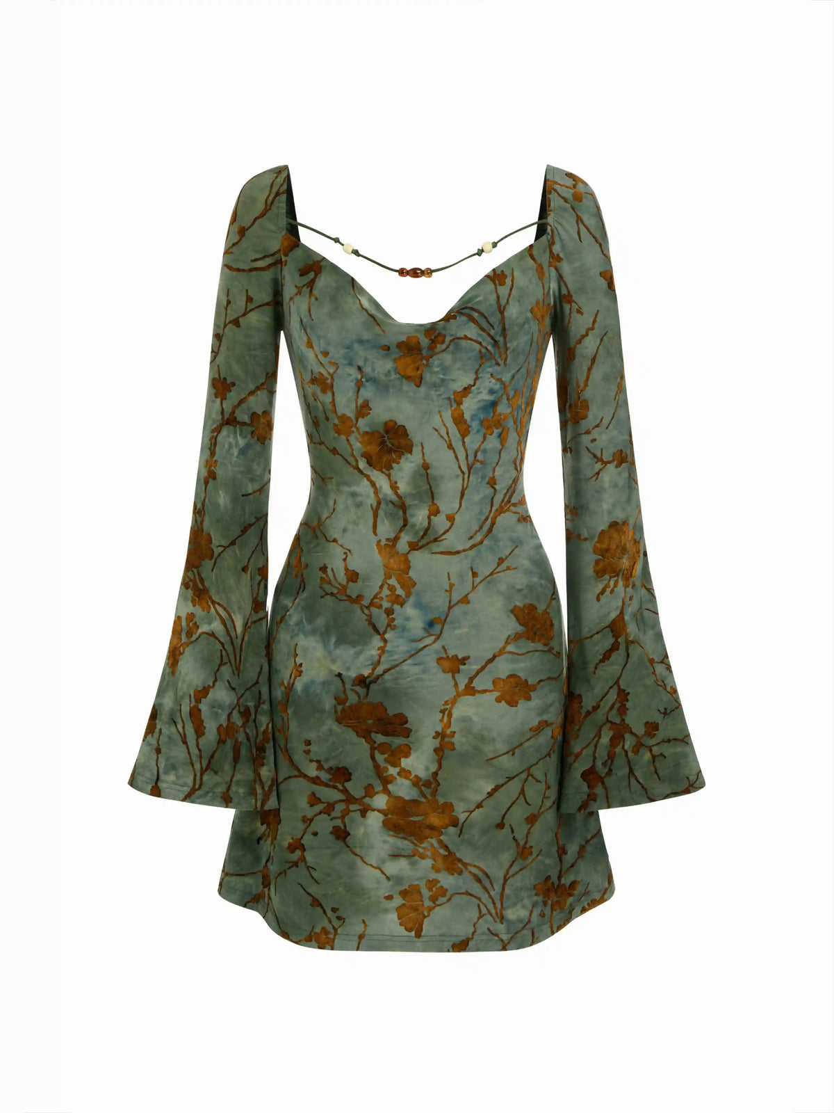 Jacquard Floral Sweetheart Bell Sleeve Mini Dress