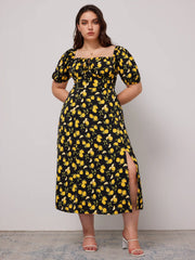 Fruit Square Neck Puff Sleeve Midi Dress Curve & Plus