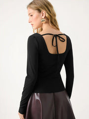 Square Neck Long Sleeve Drawstring Ruched Top