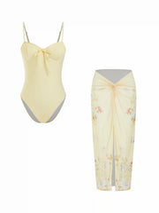 Sweetheart Neck Floral Print High Stretch One Piece Swimsuit With Sheer Wrap Skirt