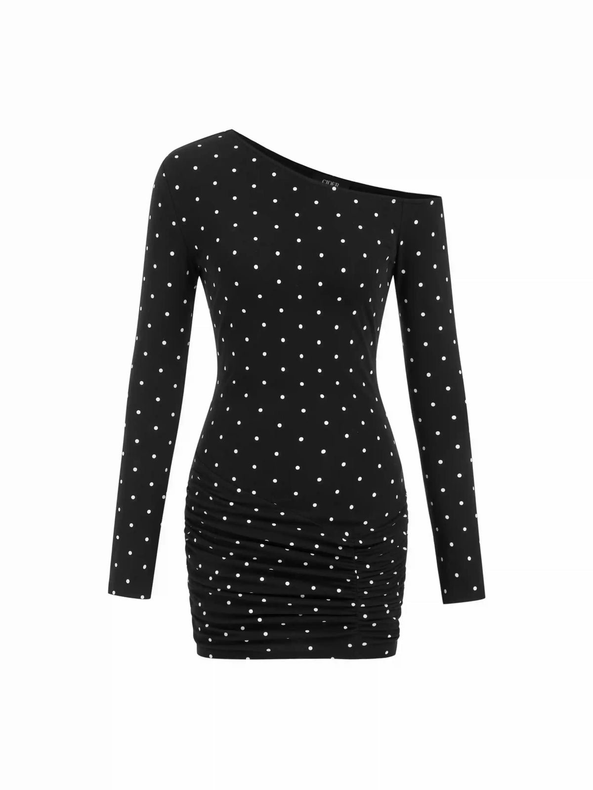 Cotton Polka Dot Asymmetrical Neck Ruched Mini Dress