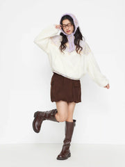 Cotton Fleece Patched Stand Collar Floral Contrasting Binding Sweatshirt