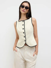 Linen-blend Boat Neck Contrasting Binding Vest
