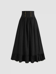 Mid Rise Solid Button Lace Up Ruffle Maxi Skirt