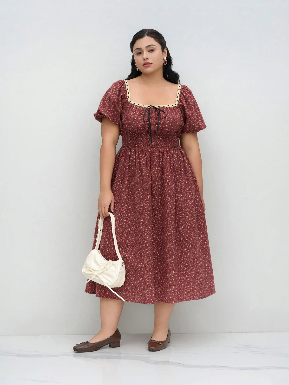 Cotton-blend Ditsy Floral Shirred Knotted Midi Dress Curve & Plus