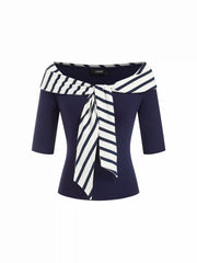 Cotton-blend Striped Sailor Collar Off-shoulder Mid-length Sleeve Tee