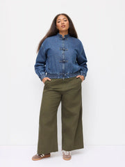Denim Mandarin Collar Elastic Waist Oversized Jacket Curve & Plus
