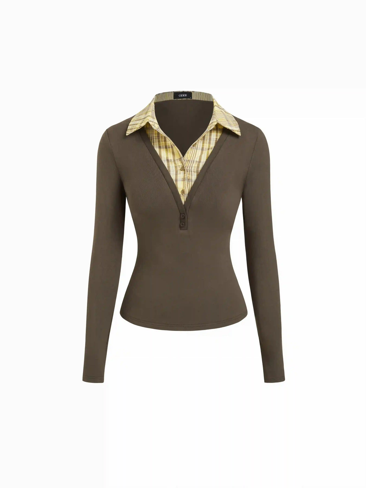 Cotton-blend Plaid Collar Long Sleeve Two Tone Top