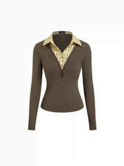 Cotton-blend Plaid Collar Long Sleeve Two Tone Top