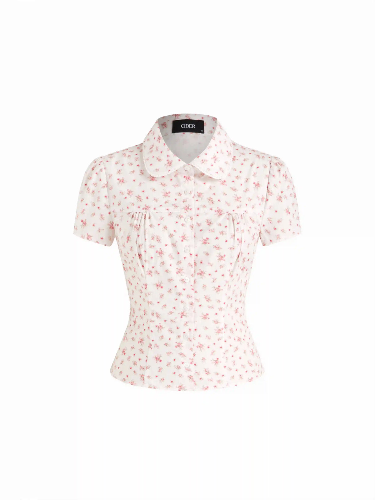 Cotton-blend Ditsy Floral Lace Trim Ruched Button Short Sleeve Blouse