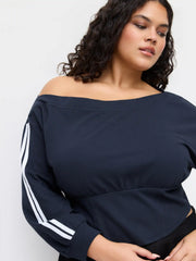 Terry Asymmetrical Neck Side Stripe Lace Up Corset Sweatshirt Curve & Plus