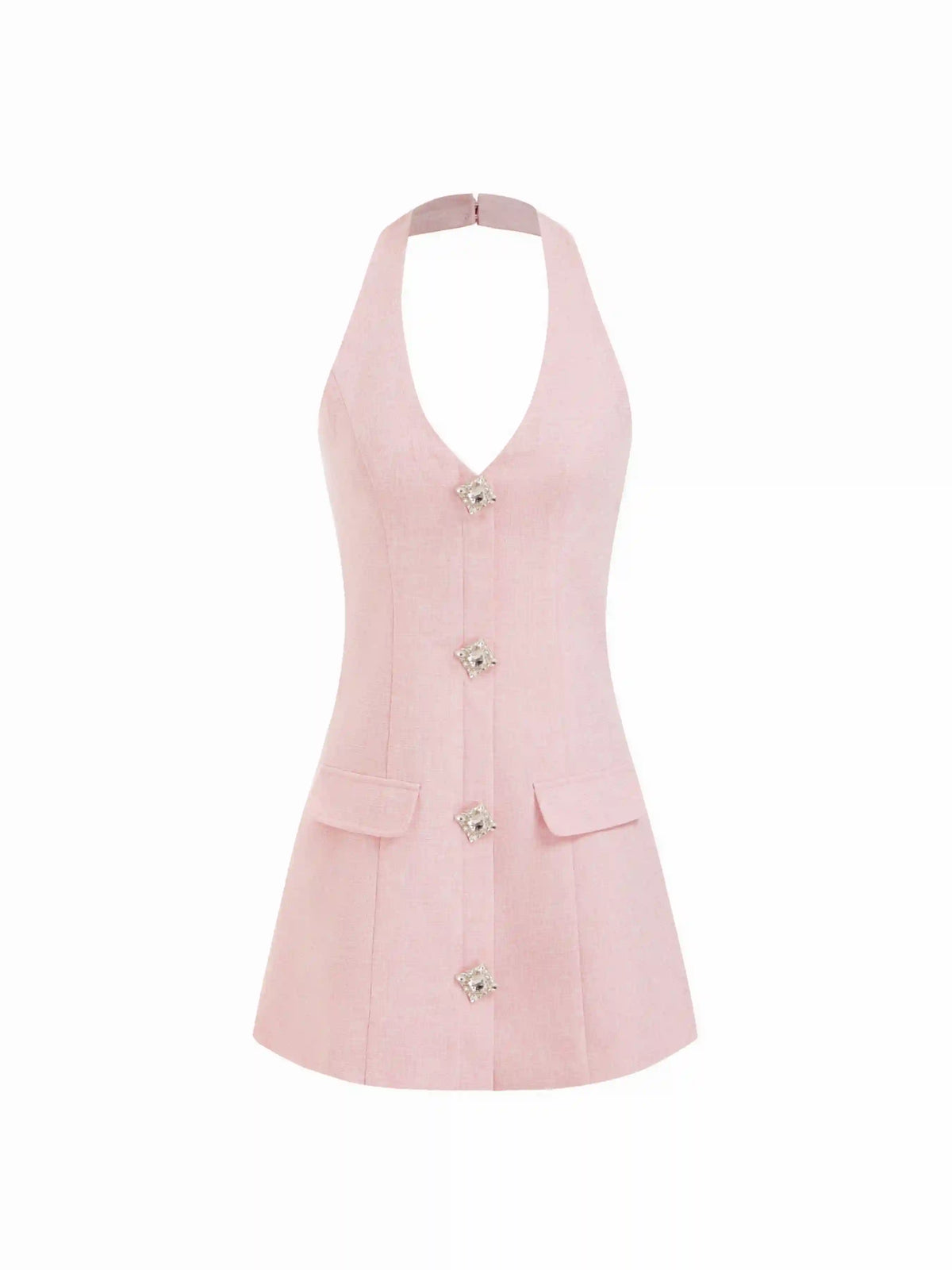 Halter Neck Rhinestone Button A-line Mini Dress