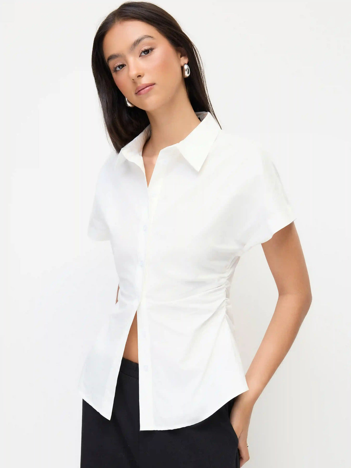 Cotton-blend Collar Short Sleeve Ruched Shirt