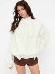 Cable Knit High Neck Long Sleeve Fringe Oversized Top