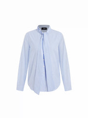 Cotton-blend Stripes Stand Collar Bowknot Oversized Blouse With Scarf