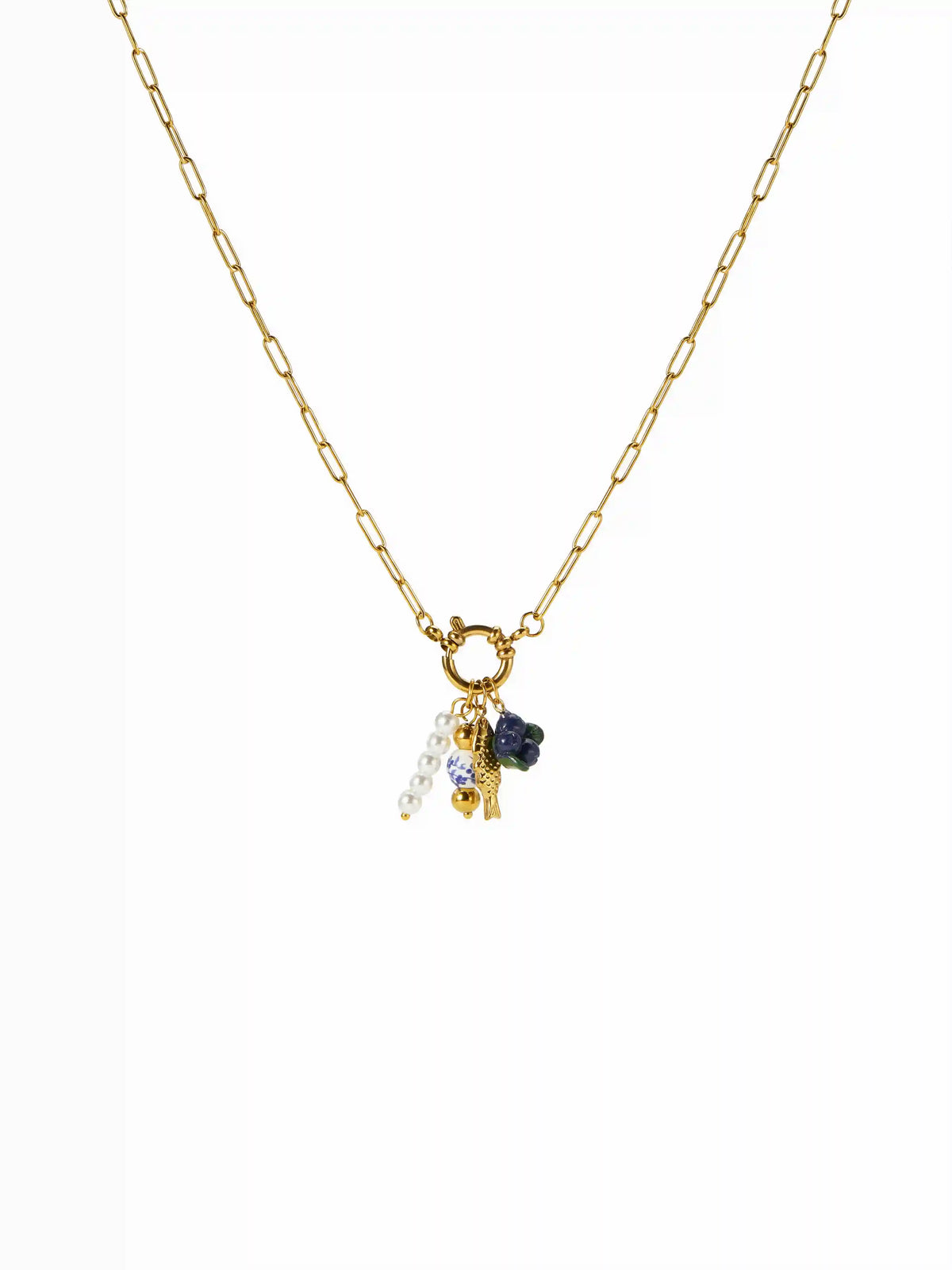 FISH & FAUX PEARL STAINLESS STEEL PENDANT NECKLACE