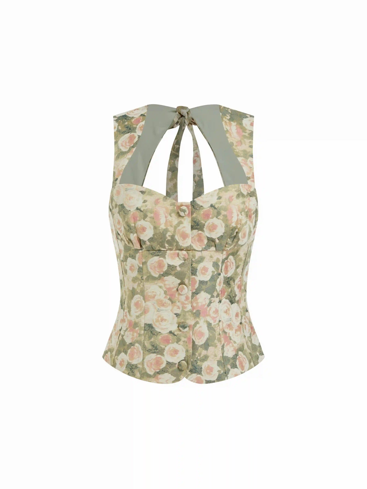 Jacquard Floral Sweetheart Neck Bowknot Corset Tank Blouse