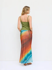 Mesh Mid Rise Abstract Ruched Maxi Skirt