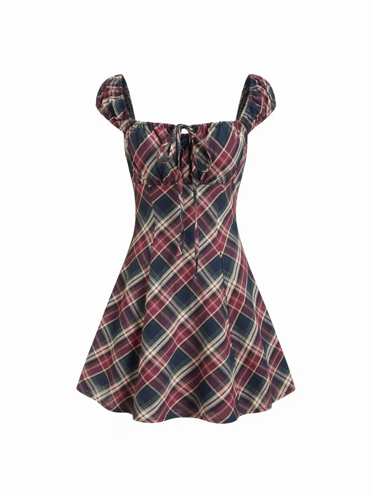 Cotton Plaid Square Neck Puff Sleeve Mini Dress