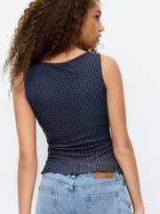 Texture Boat Neck Polka Dot Lettuce Trim Top