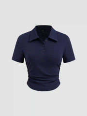 Cotton-blend Collar Solid Ruched Button Short Sleeve Top