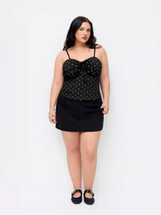 Cotton-blend Polka Dot Ruched Knotted Cami Top Curve & Plus